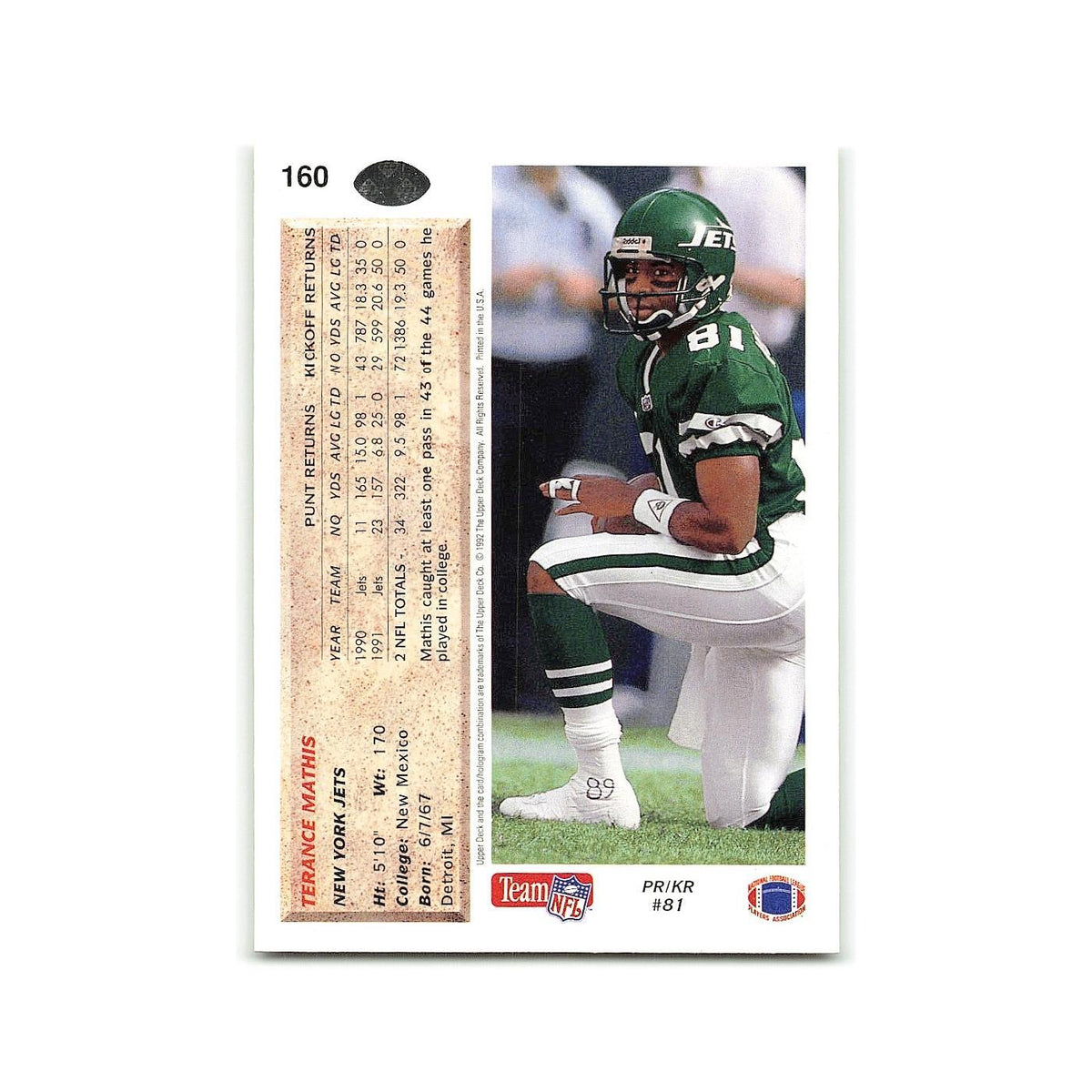 Terance Mathis 1992 Upper Deck #160 New York Jets Football Card NM