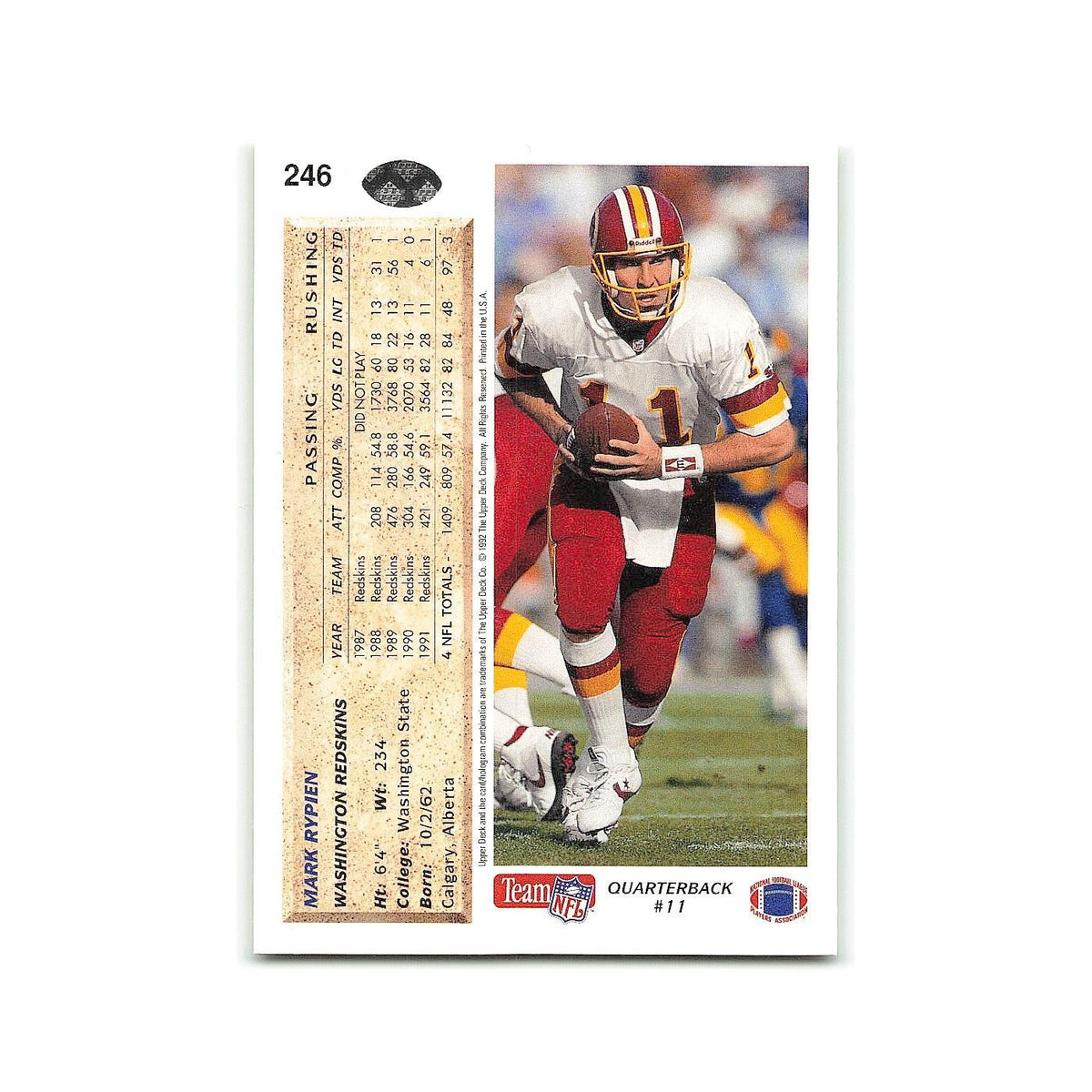 Mark Rypien 1992 Upper Deck #246 Washington Redskins Football Card NM