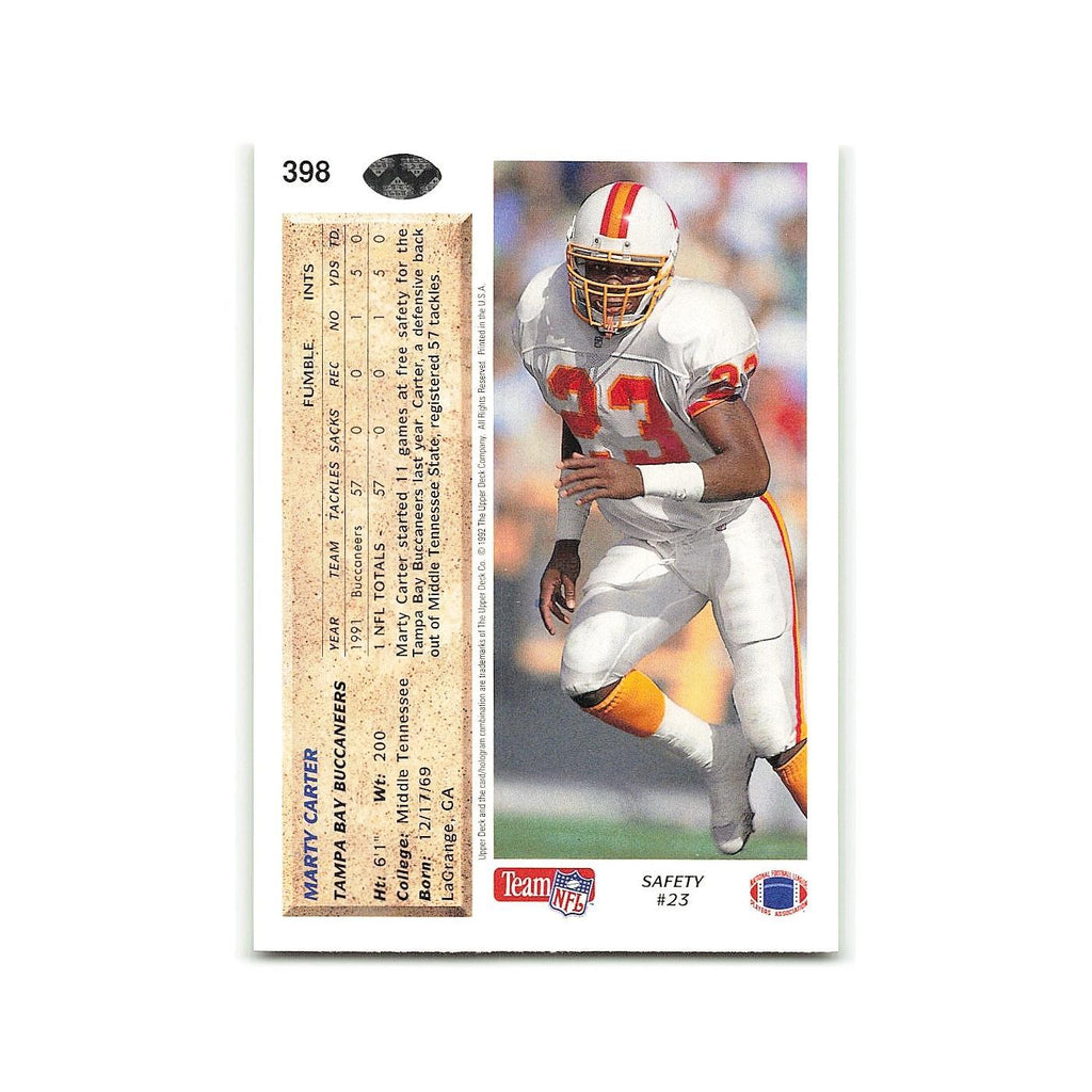 Marty Carter Rookie 1992 Upper Deck #398 Tampa Bay Buccaneers Football Card NM