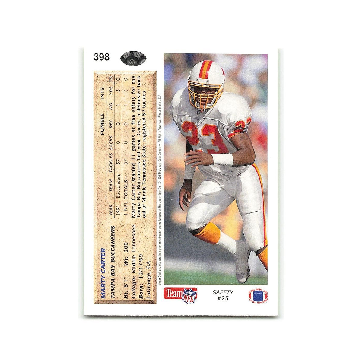 Marty Carter Rookie 1992 Upper Deck #398 Tampa Bay Buccaneers Football Card NM