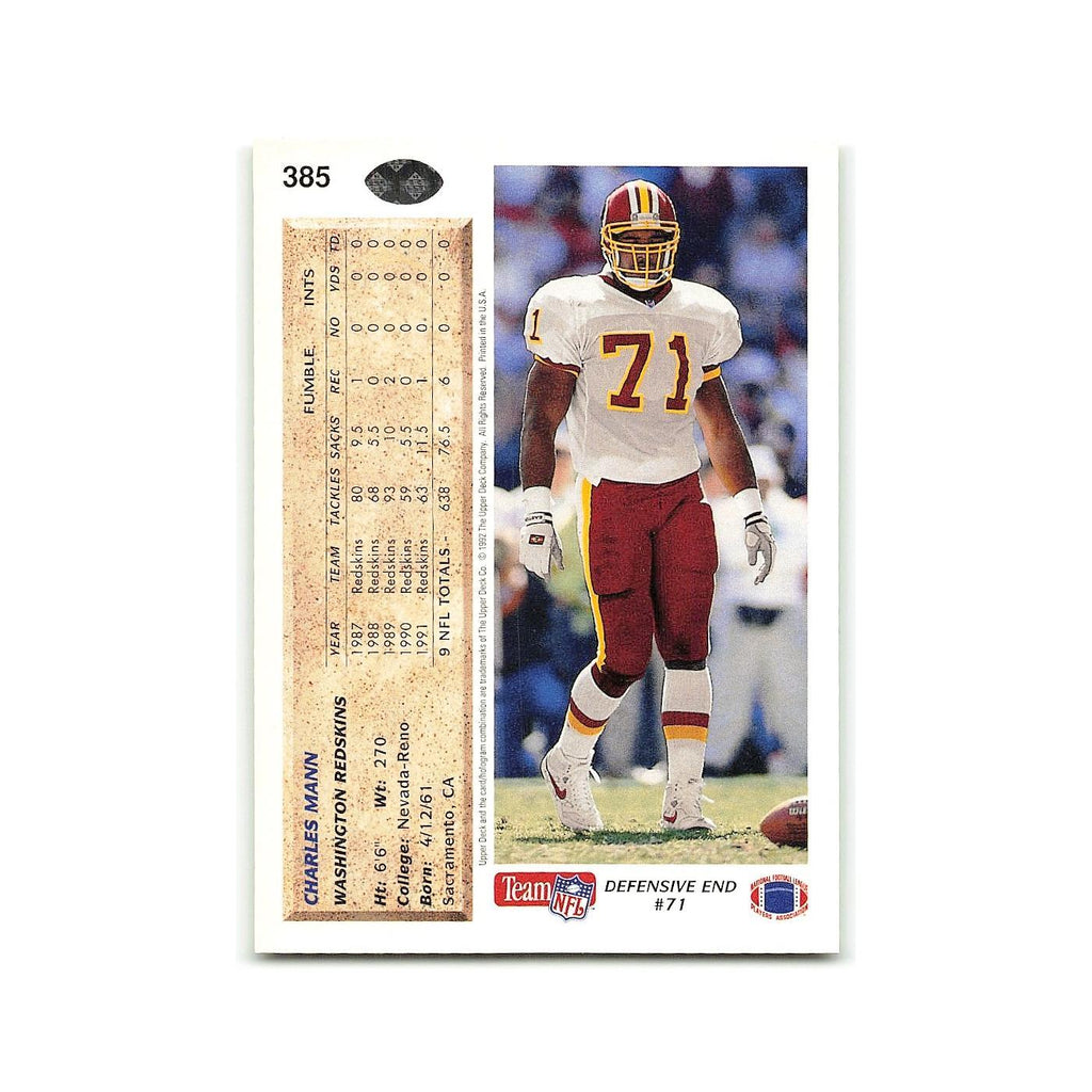 Charles Mann 1992 Upper Deck #385 Washington Redskins Football Card NM