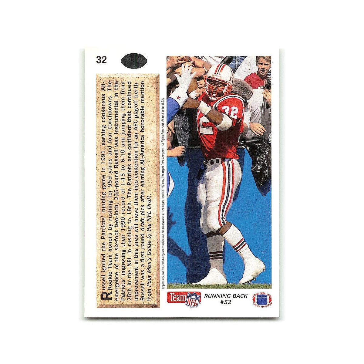 Leonard Russell Rookie 1992 Upper Deck #32 New England Patriots Football Card NM