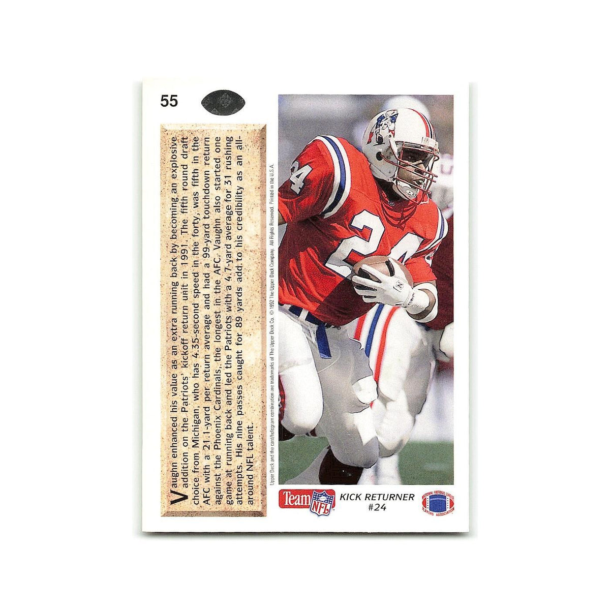 Jon Vaughn Rookie 1992 Upper Deck #55 New England Patriots Football Card NM