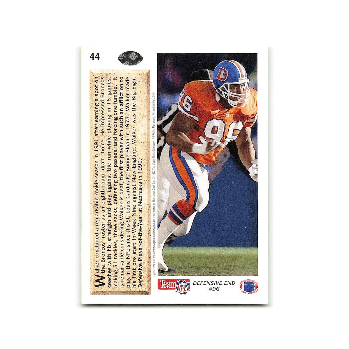 Kenny Walker Rookie 1992 Upper Deck #44 Denver Broncos Football Card NM