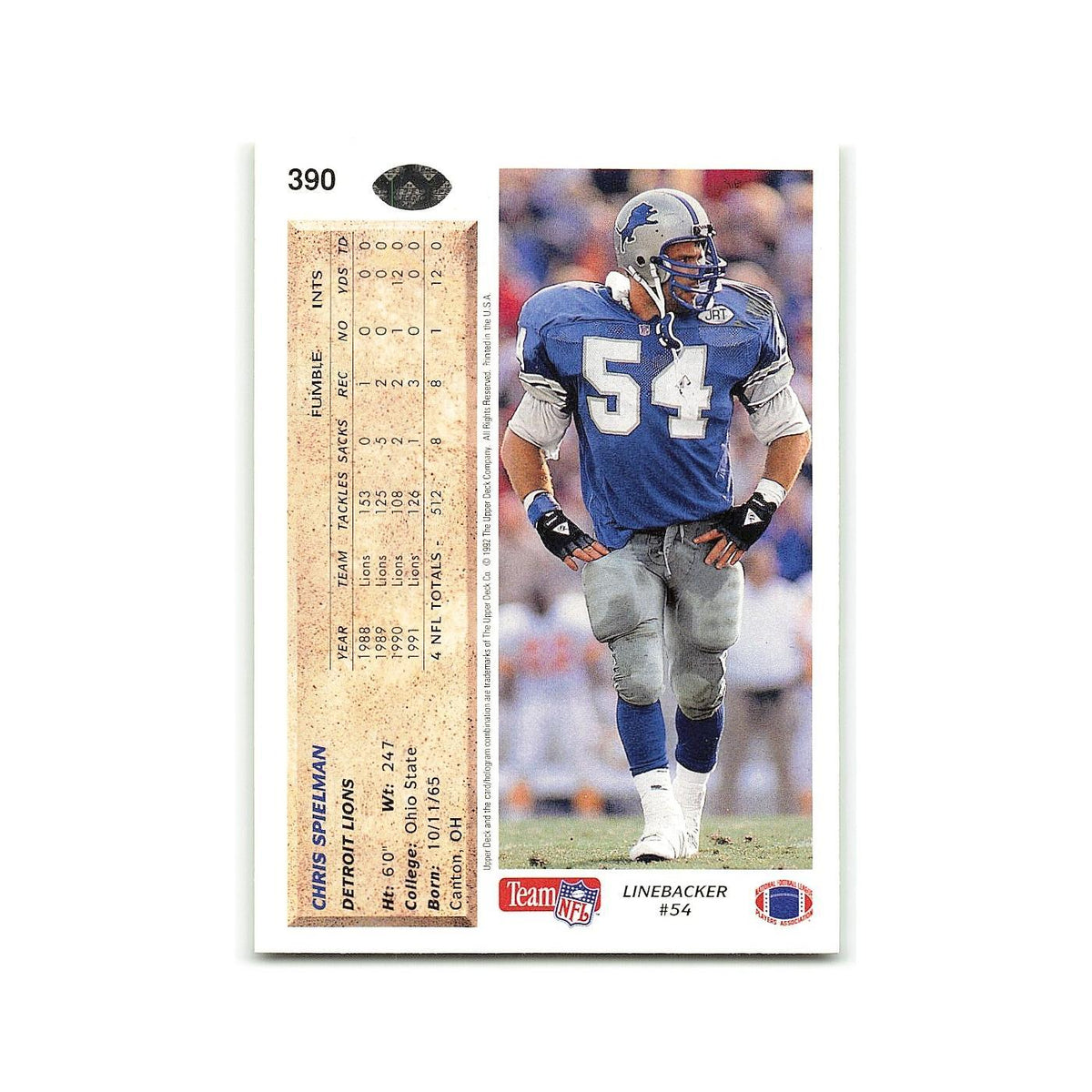 Chris Spielman 1992 Upper Deck #390 Detroit Lions Football Card NM
