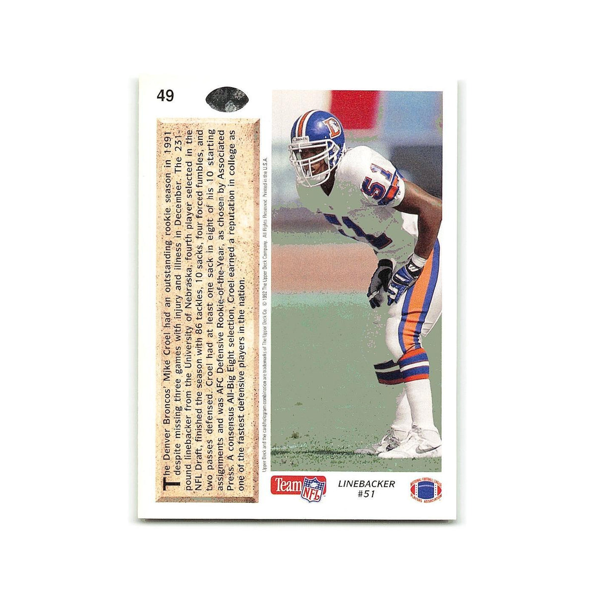 Mike Croel Rookie 1992 Upper Deck #49 Denver Broncos Football Card NM