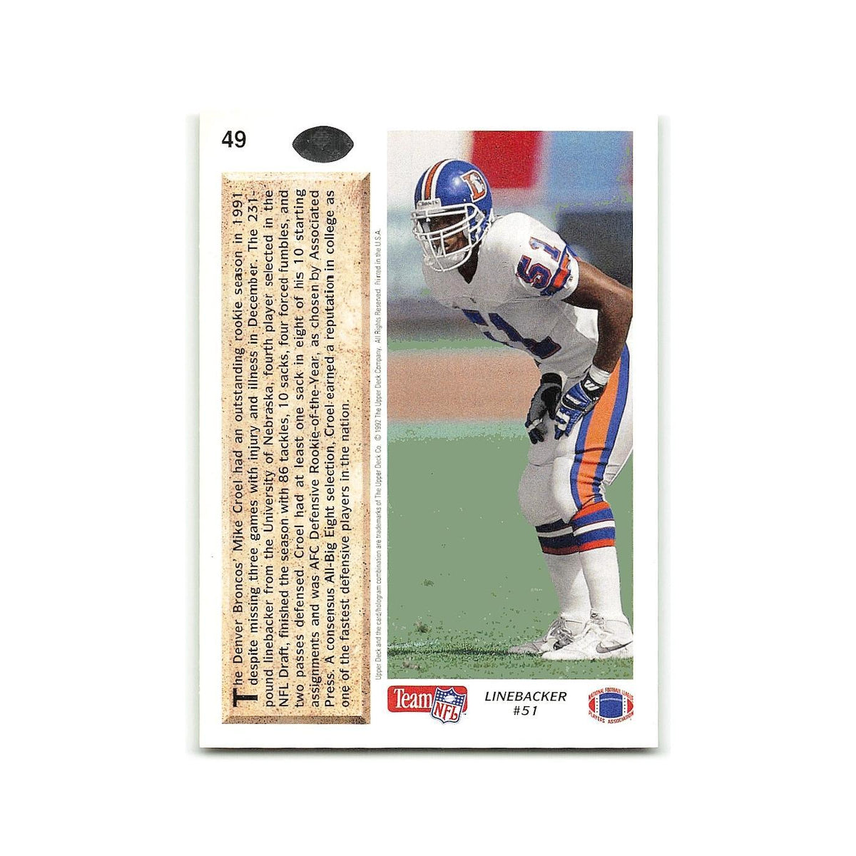 Mike Croel Rookie 1992 Upper Deck #49 Denver Broncos Football Card NM