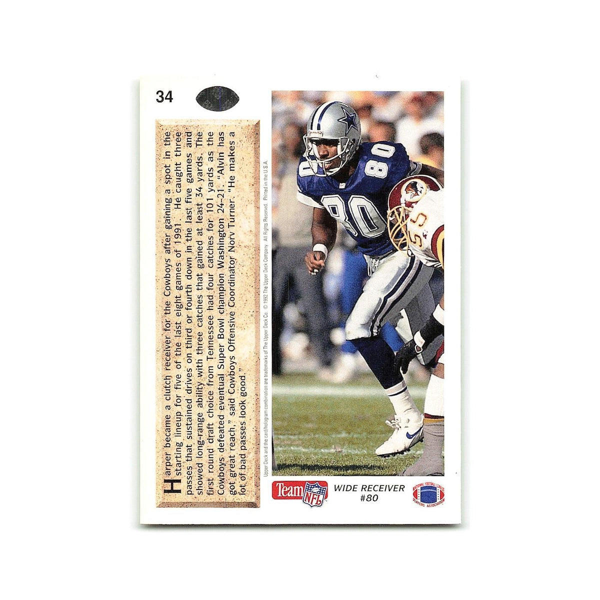 Alvin Harper Rookie 1992 Upper Deck #34 Dallas Cowboys Football Card NM