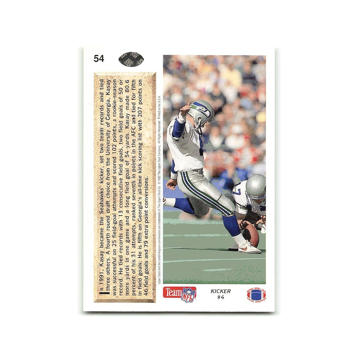 John Kasay Rookie 1992 Upper Deck #54 Seattle Seahawks Football Card NM