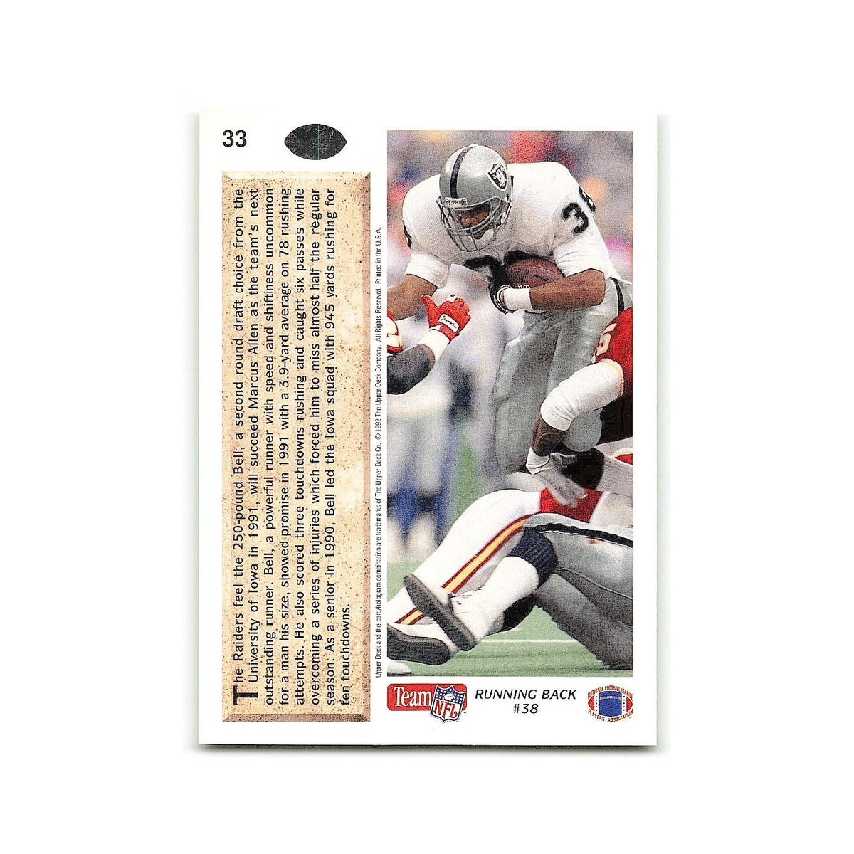 Nick Bell Rookie 1992 Upper Deck #33 Los Angeles Raiders Football Card NM