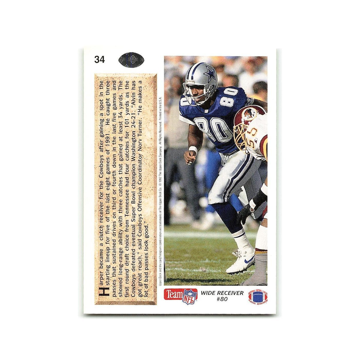 Alvin Harper Rookie 1992 Upper Deck #34 Dallas Cowboys Football Card NM