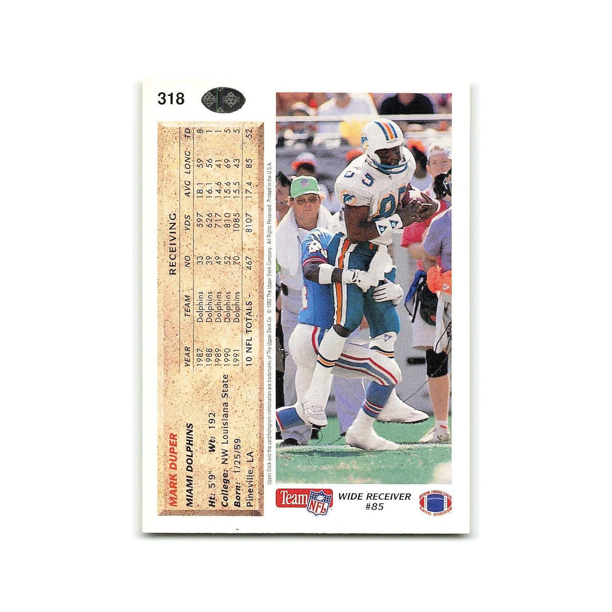 Mark Duper 1992 Upper Deck #318 Miami Dolphins Football Card NM