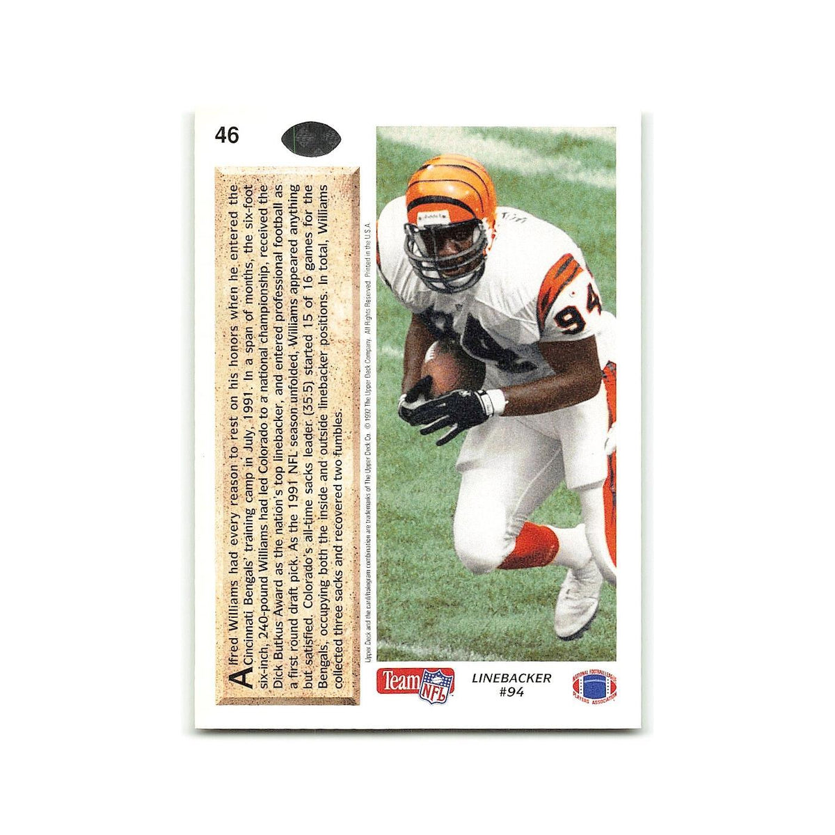 Alfred Williams Rookie 1992 Upper Deck #46 Cincinnati Bengals Football Card NM