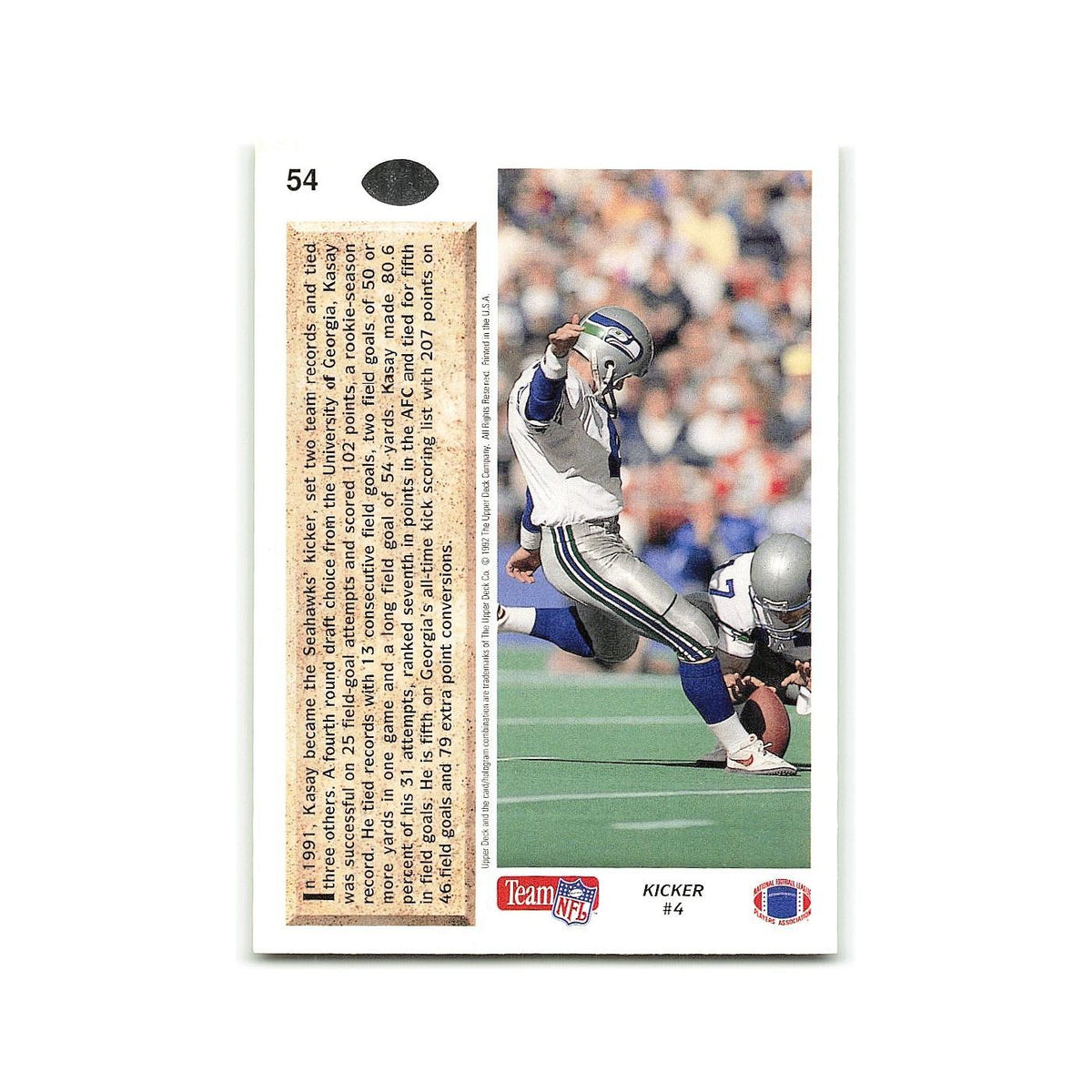 John Kasay Rookie 1992 Upper Deck #54 Seattle Seahawks Football Card NM