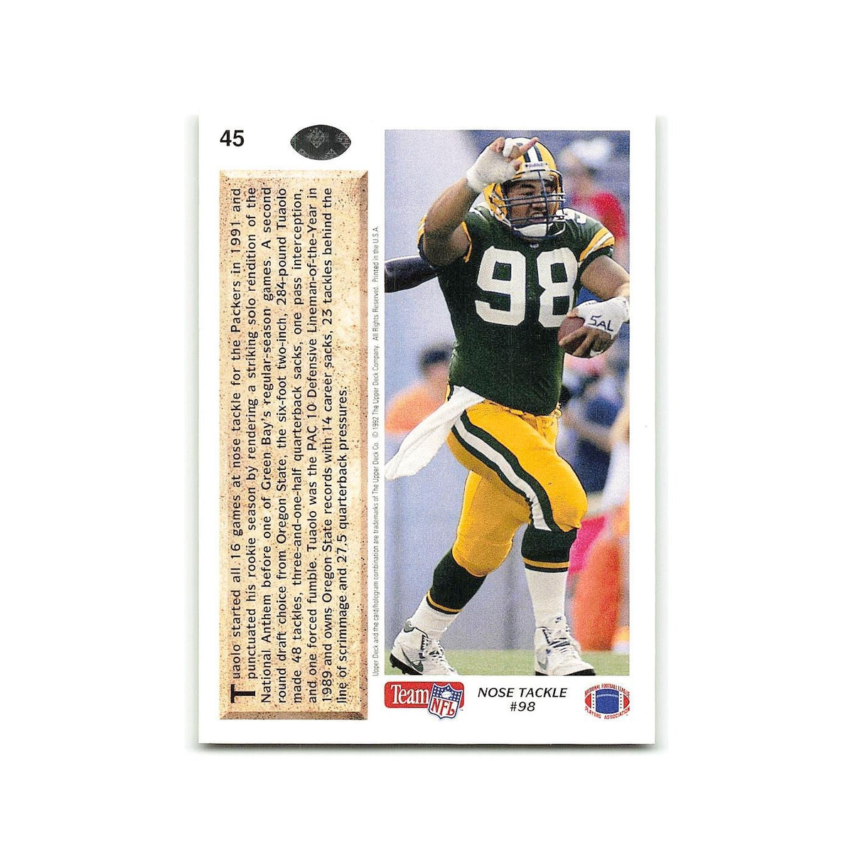Esera Tuaolo Rookie 1992 Upper Deck #45 Green Bay Packers Football Card NM