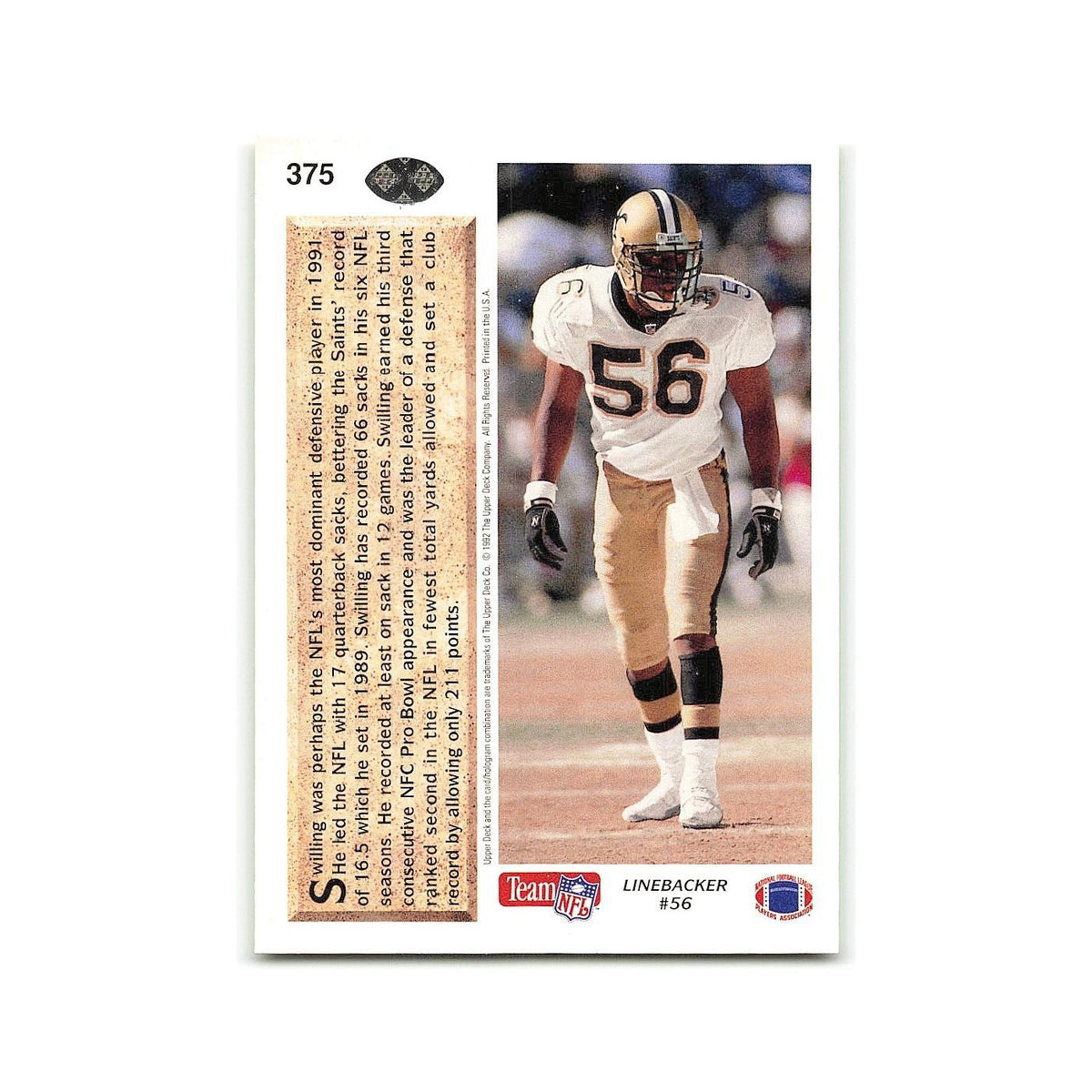 Pat Swilling 1992 Upper Deck #375 New Orleans Saints Football Card NM