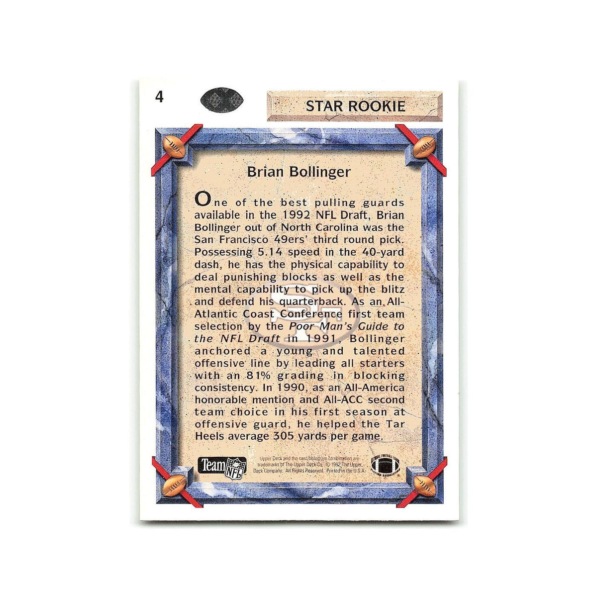 Brian Bollinger Rookie 1992 Upper Deck #4 San Francisco 49ers Football Card NM