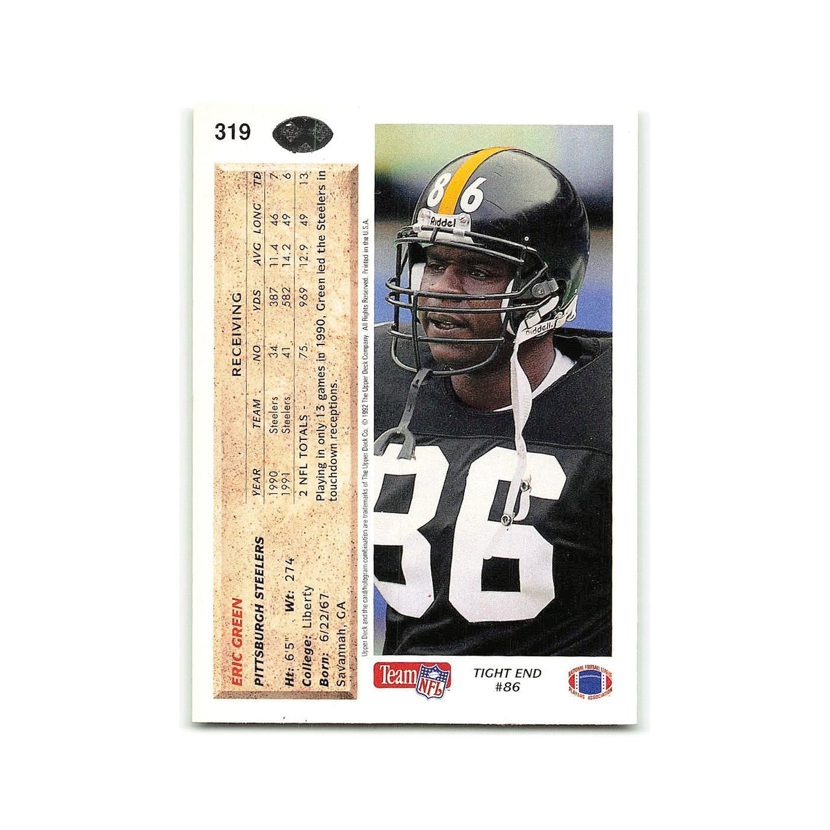 Eric Green 1992 Upper Deck #319 Pittsburgh Steelers Football Card NM
