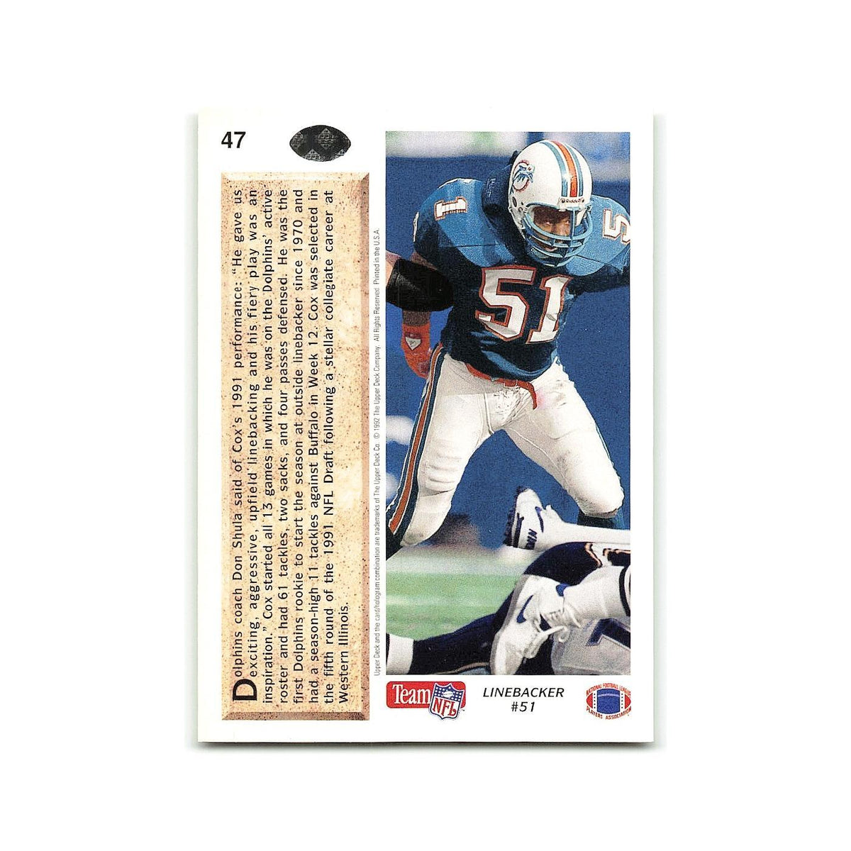 Bryan Cox Rookie 1992 Upper Deck #47 Miami Dolphins Football Card NM