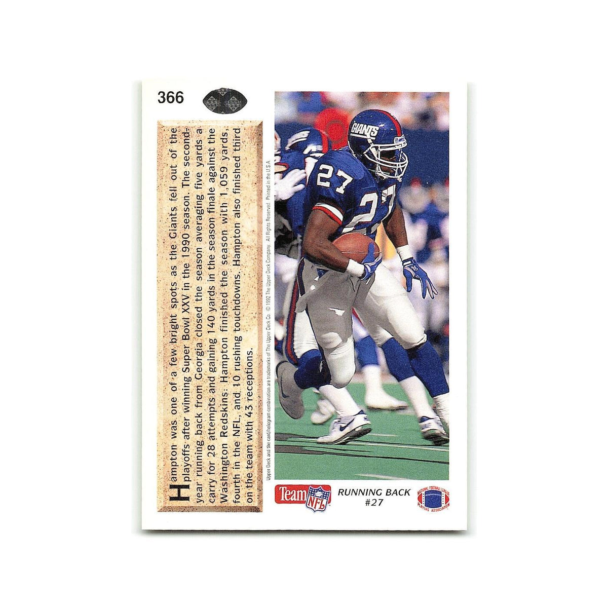 Rodney Hampton 1992 Upper Deck #366 New York Giants Football Card NM