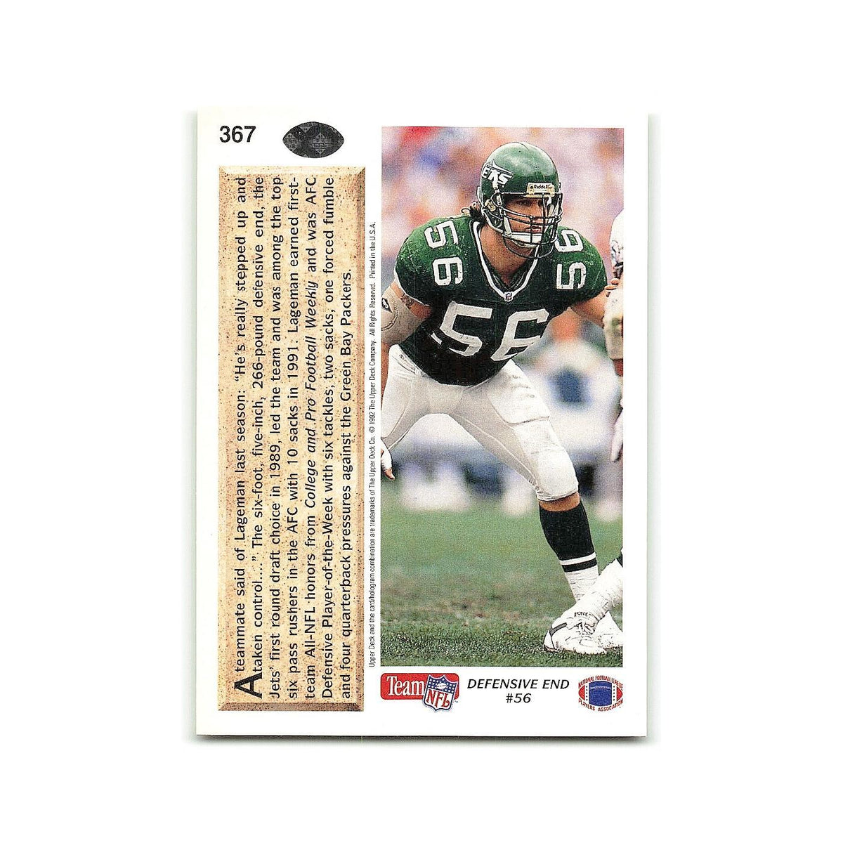 Jeff Lageman 1992 Upper Deck #367 New York Jets Football Card NM