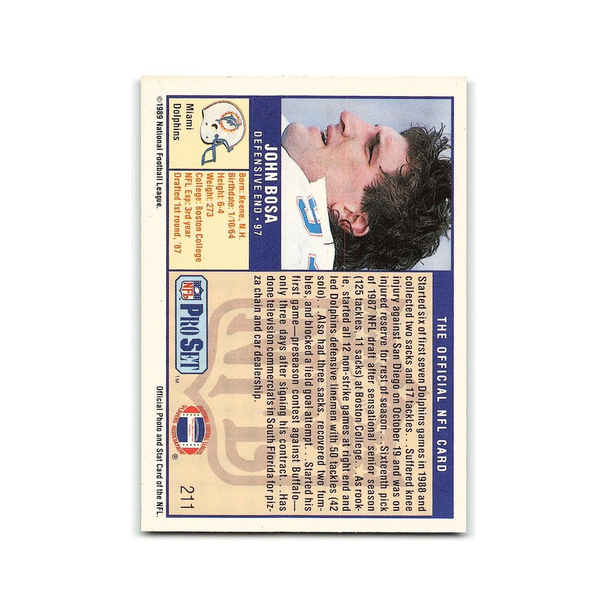John Bosa 1989 Pro Set #211 Miami Dolphins Football Card NM