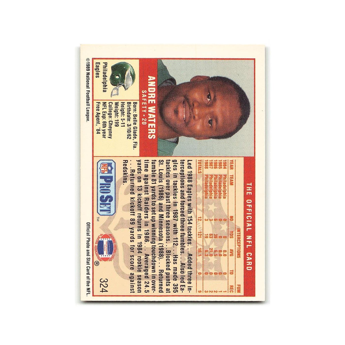 Andre Waters 1989 Pro Set #324 Philadelphia Eagles Football Card NM