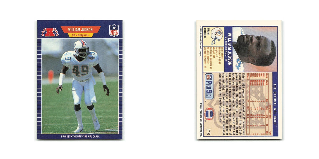 William Judson 1989 Pro Set #218 Miami Dolphins Football Card NM