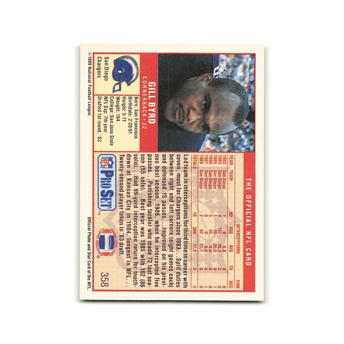 Gill Byrd 1989 Pro Set #358 San Diego Chargers Football Card NM