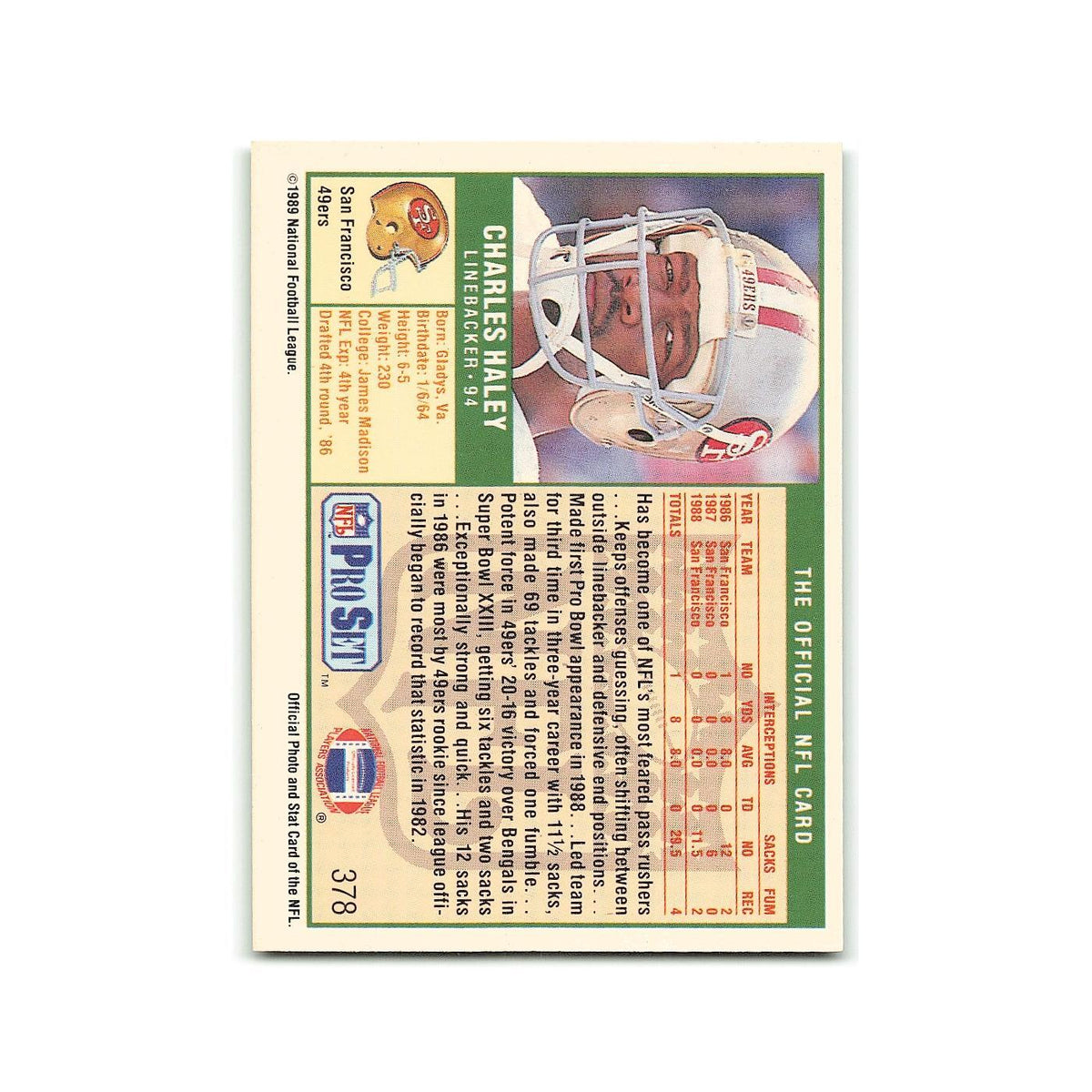 Charles Haley 1989 Pro Set #378 San Francisco 49ers Football Card NM