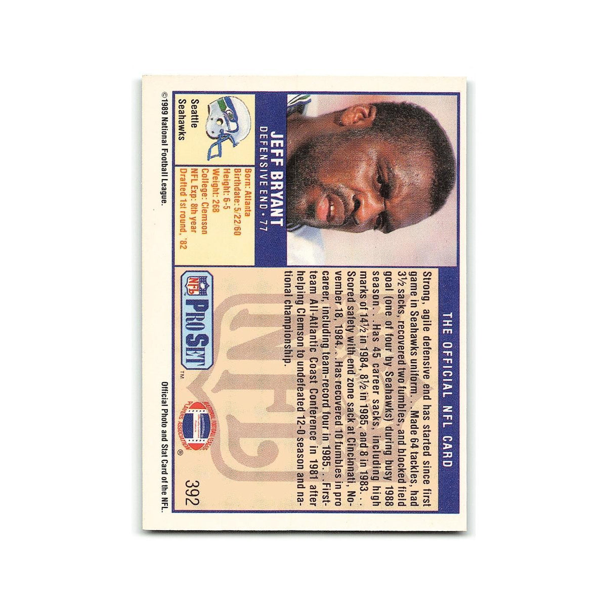 Jeff Bryant 1989 Pro Set #392 Seattle Seahawks Football Card NM