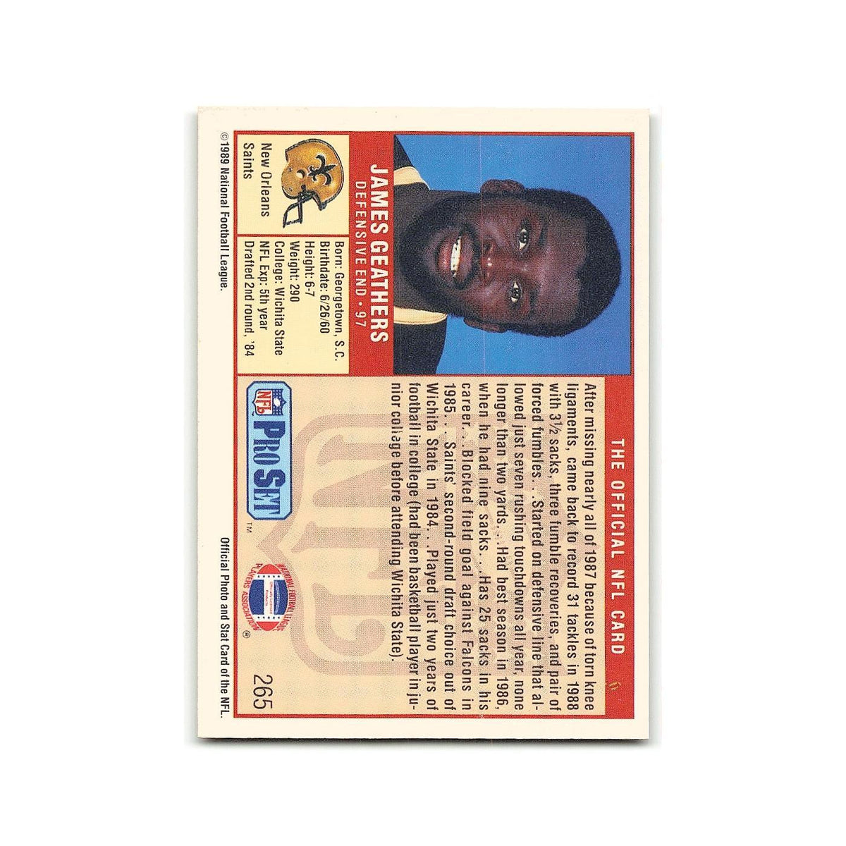 James Geathers 1989 Pro Set #265 New Orleans Saints Football Card NM