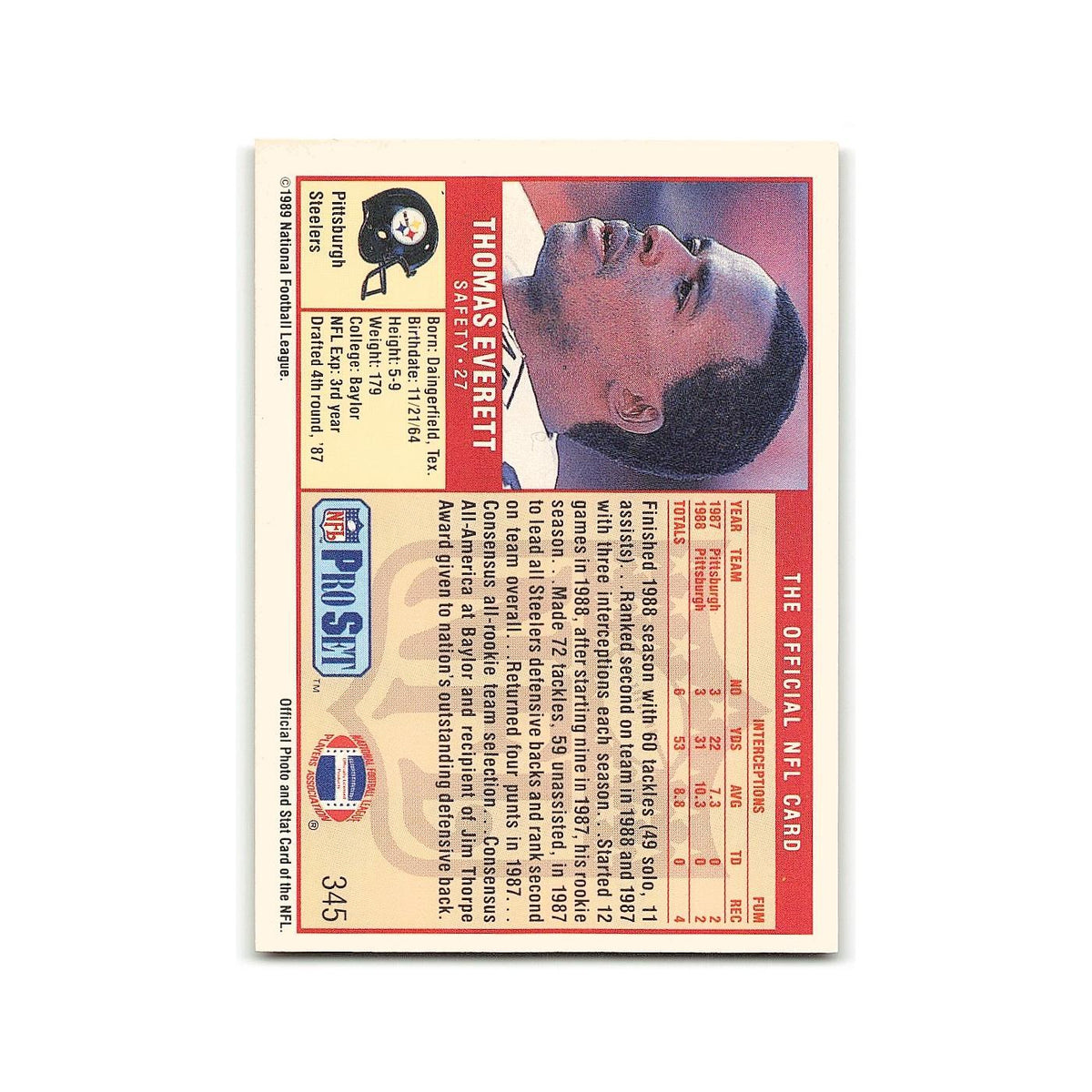 Thomas Everett 1989 Pro Set #345 Pittsburgh Steelers Football Card NM