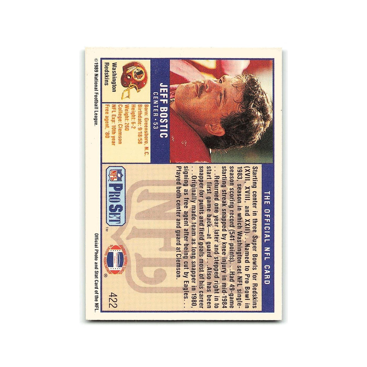 Jeff Bostic 1989 Pro Set #422 Washington Redskins Football Card NM