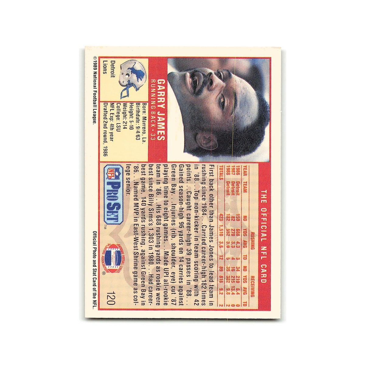 Garry James 1989 Pro Set #120 Detroit Lions Football Card NM