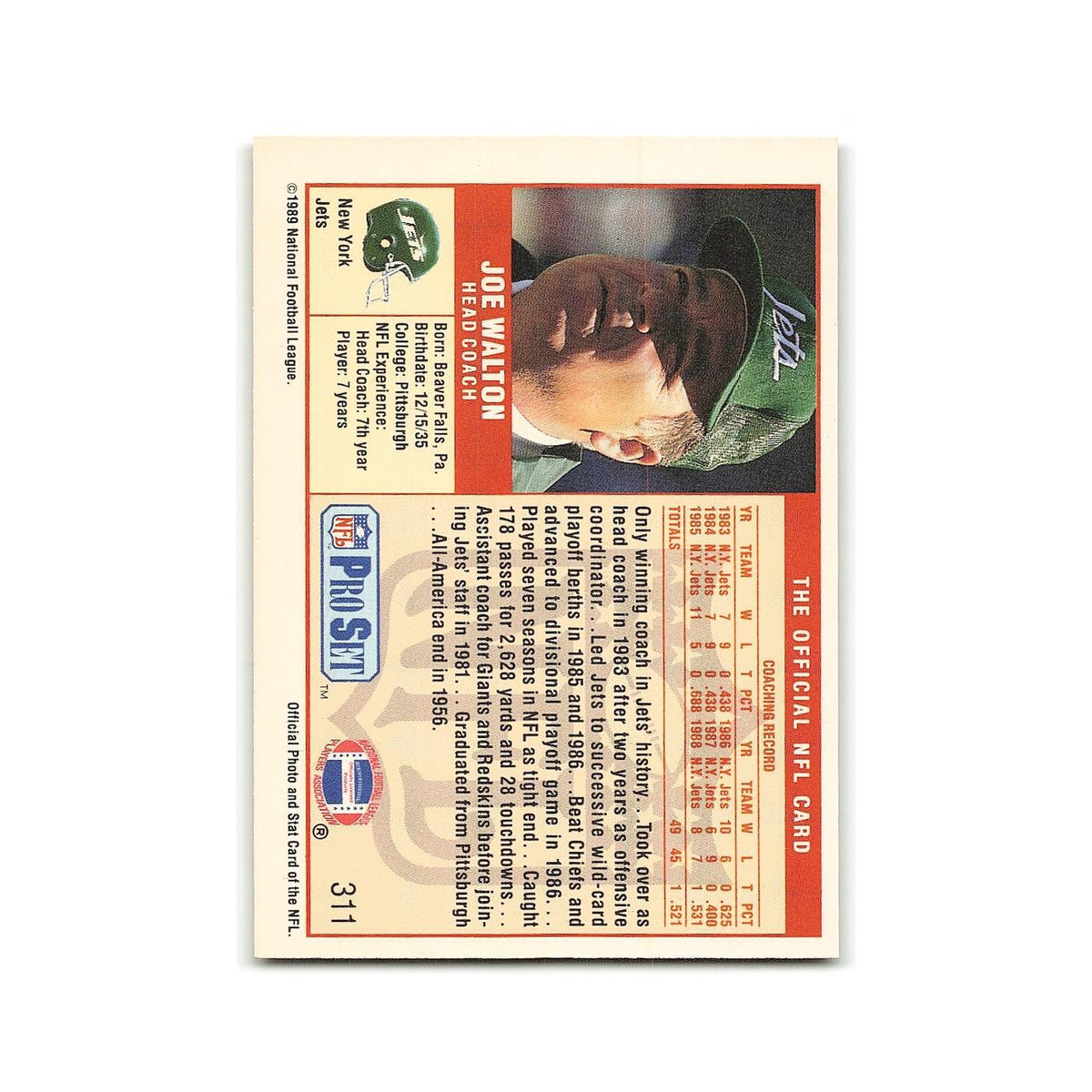 Joe Walton 1989 Pro Set #311 New York Jets Football Card NM