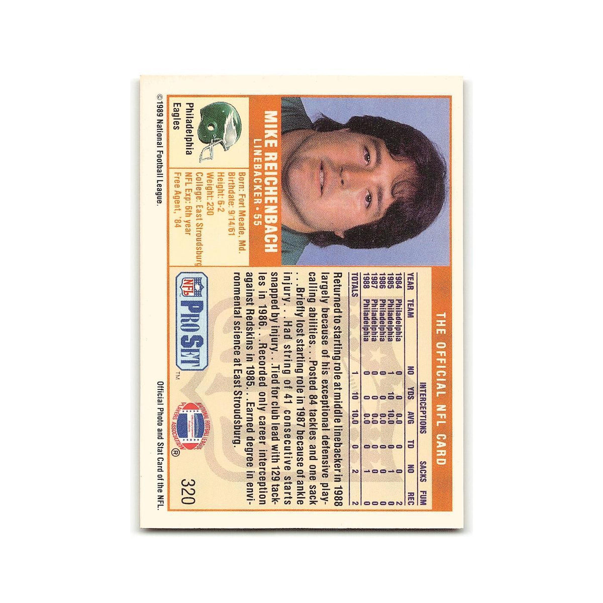 Mike Reichenbach 1989 Pro Set #320 Philadelphia Eagles Football Card NM