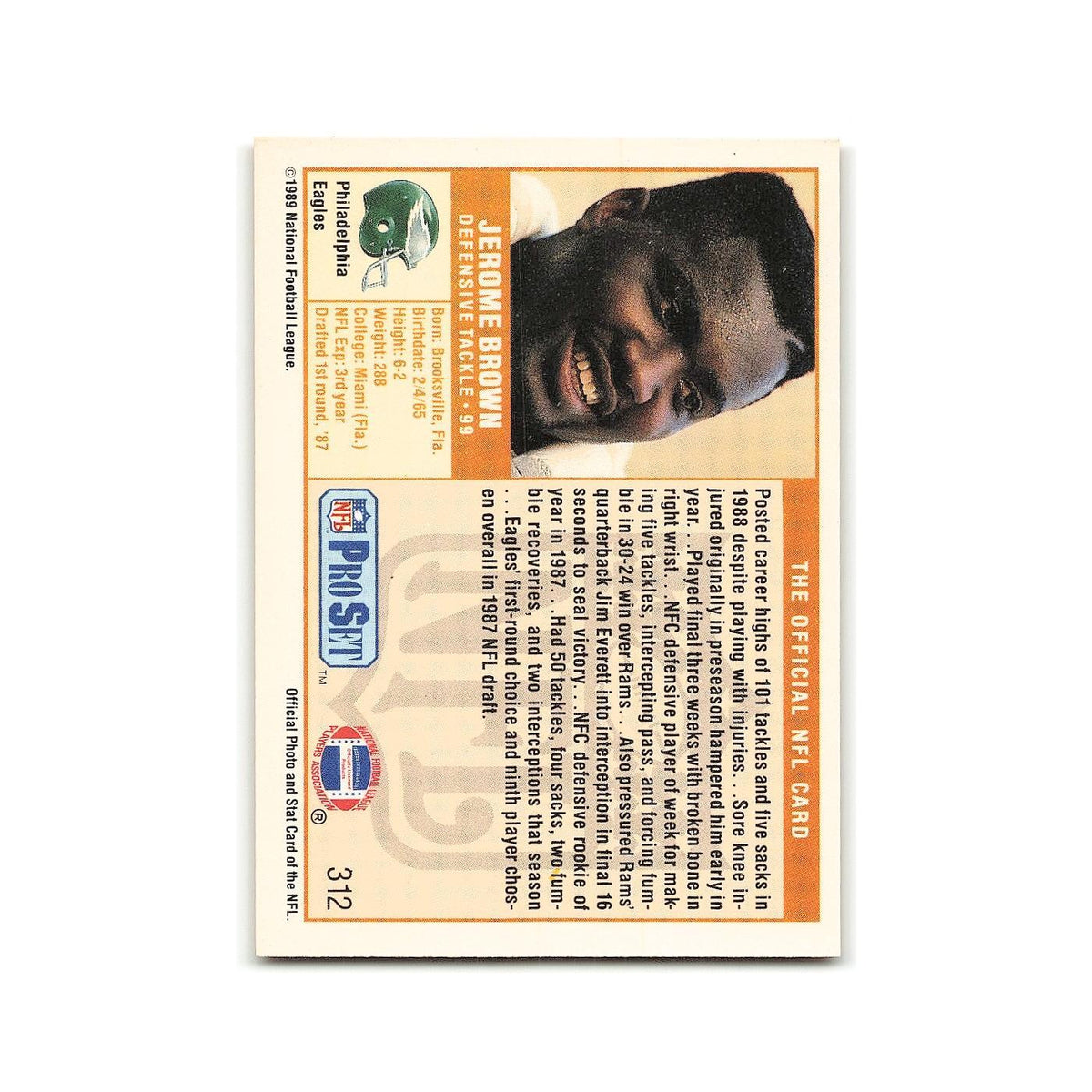 Jerome Brown 1989 Pro Set #312 Philadelphia Eagles Football Card NM