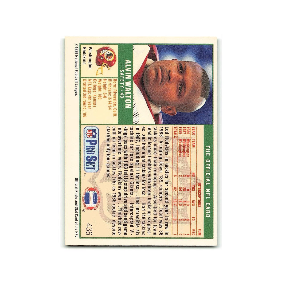 Alvin Walton 1989 Pro Set #436 Washington Redskins Football Card NM