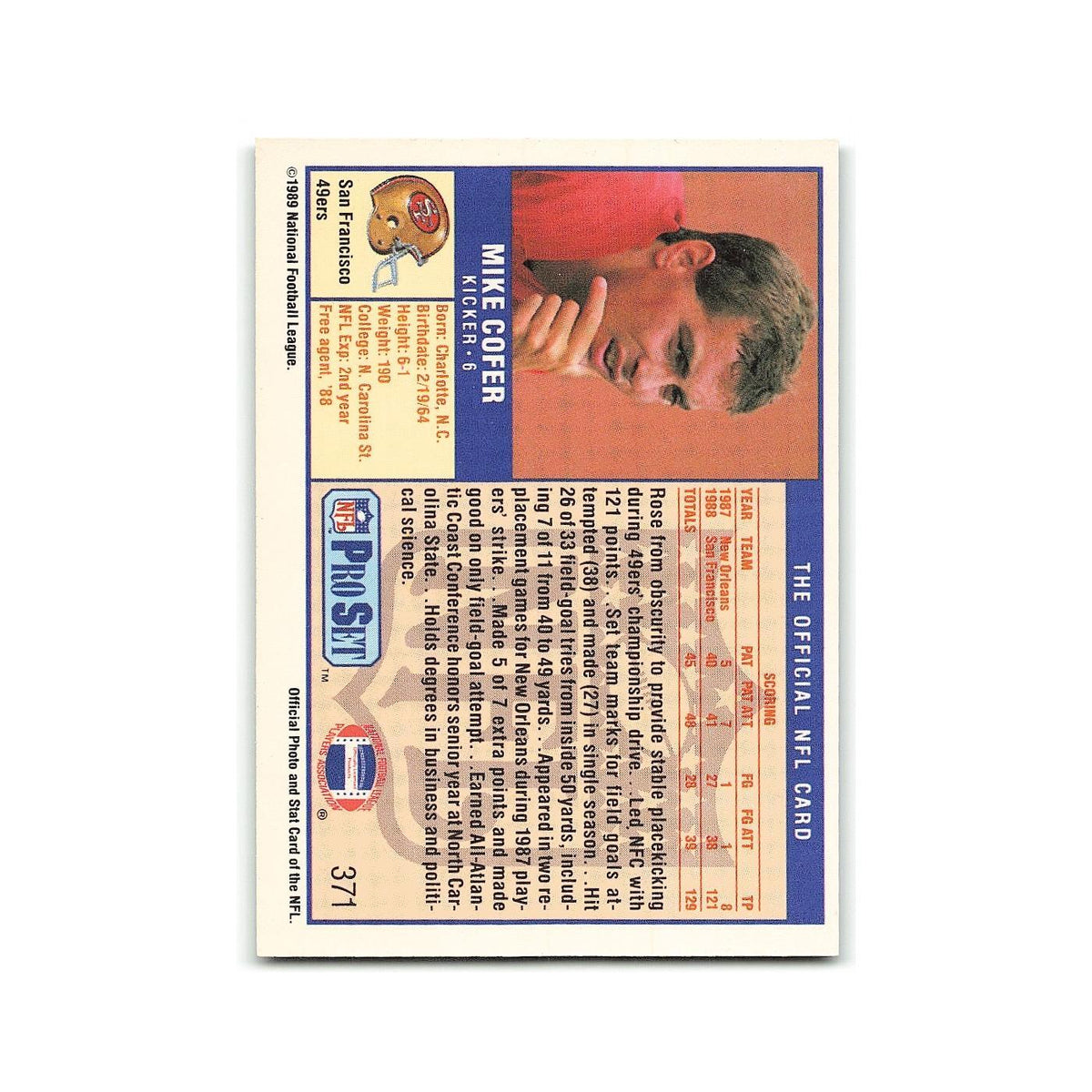 Mike Cofer 1989 Pro Set #371 San Francisco 49ers Football Card NM