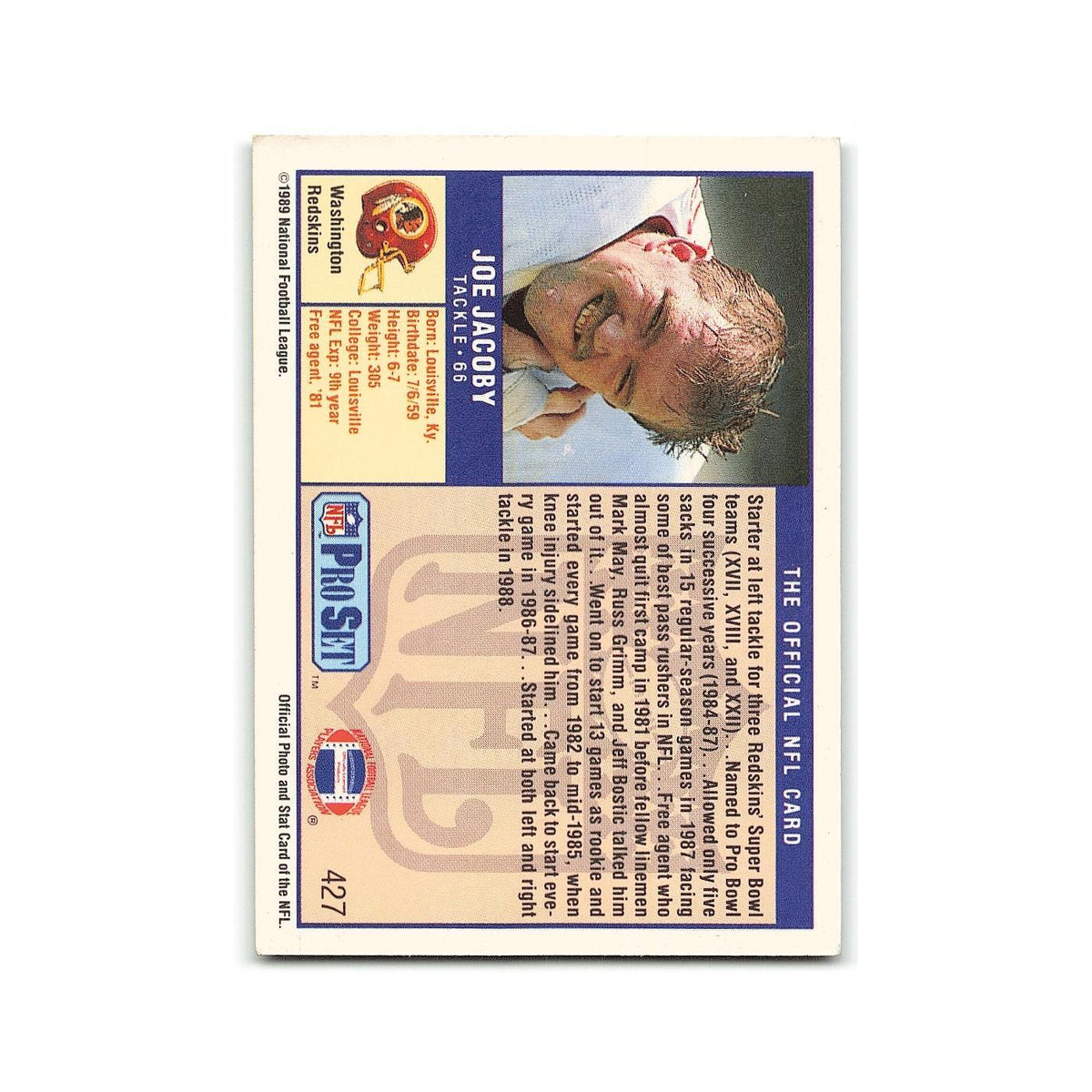 Joe Jacoby 1989 Pro Set #427 Washington Redskins Football Card NM