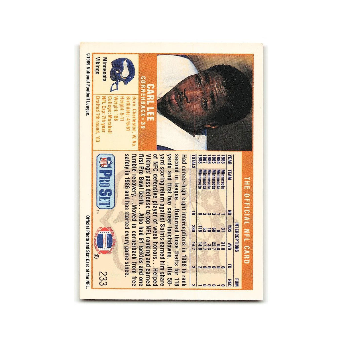 Carl Lee 1989 Pro Set #233 Minnesota Vikings Football Card NM