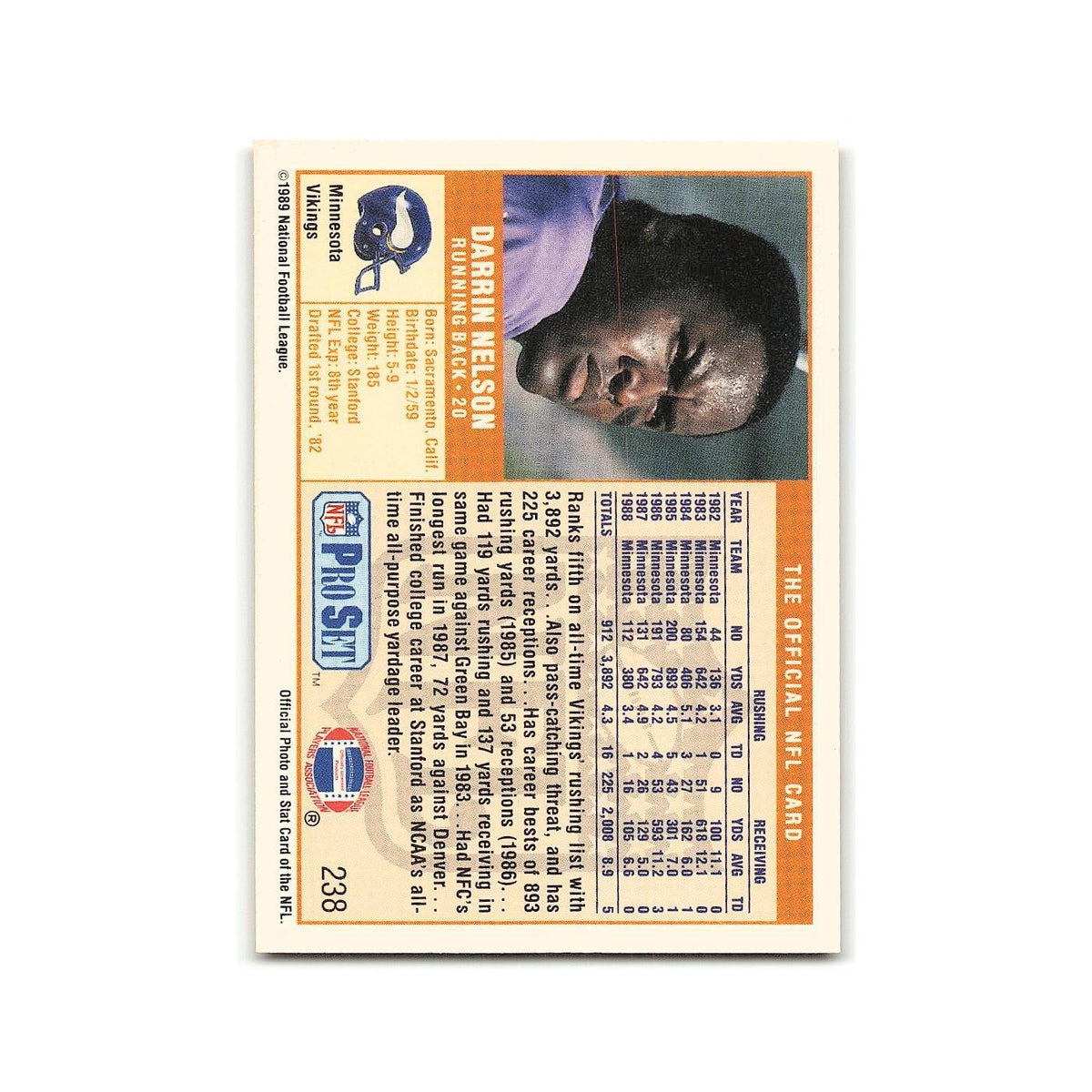Darrin Nelson 1989 Pro Set #238 Minnesota Vikings Football Card NM