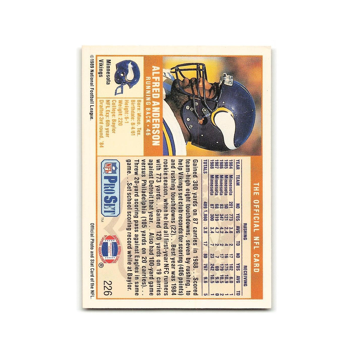 Alfred Anderson 1989 Pro Set #226 Minnesota Vikings Football Card NM