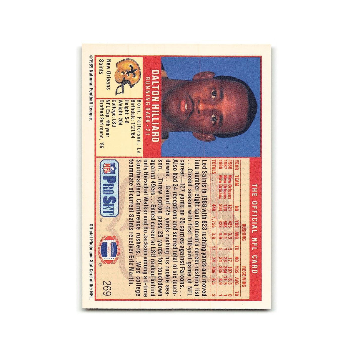 Dalton Hilliard 1989 Pro Set #269 New Orleans Saints Football Card NM