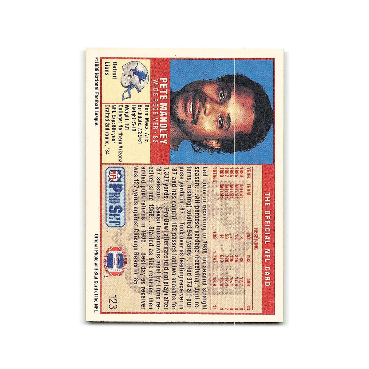 Pete Mandley 1989 Pro Set #123 Detroit Lions Football Card NM