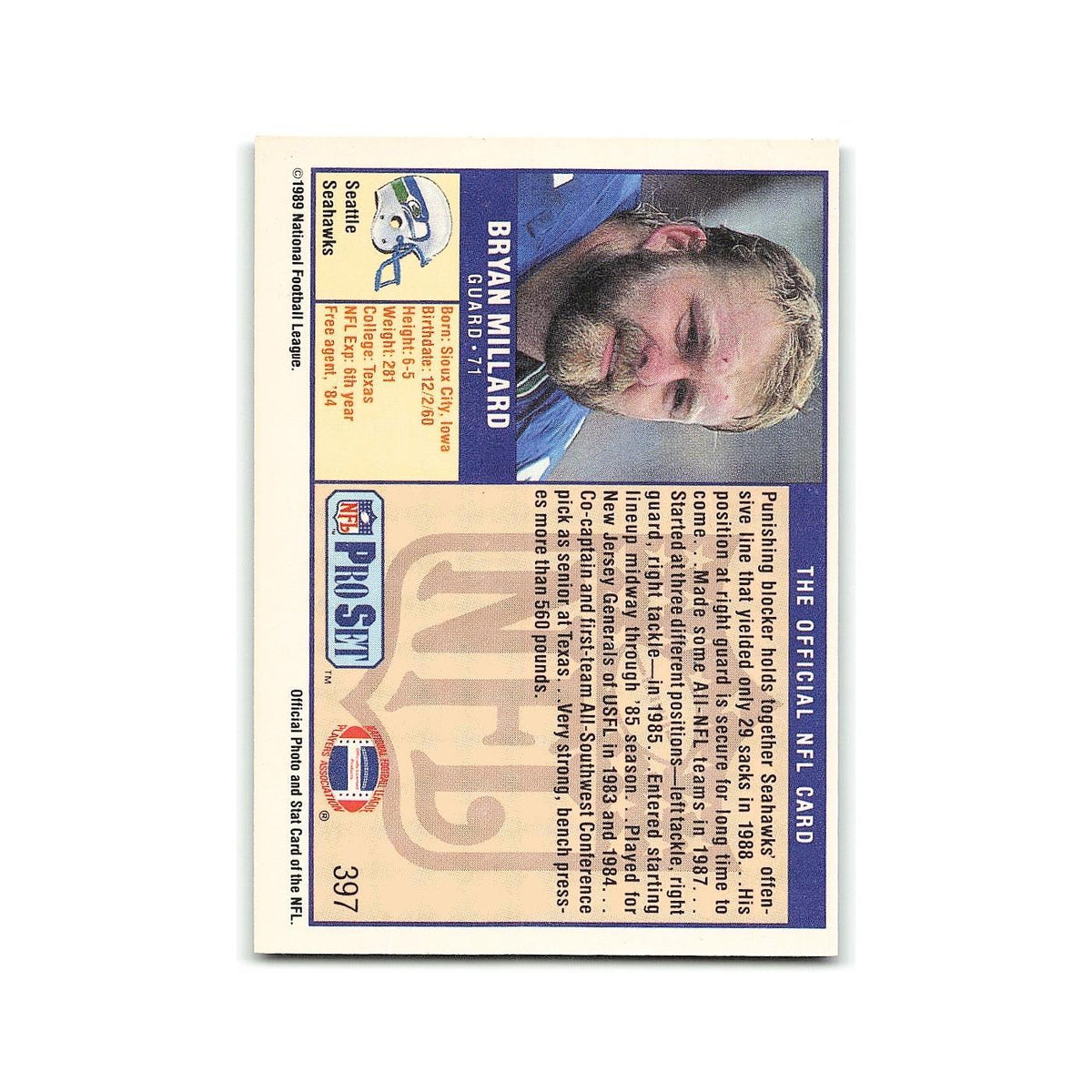 Bryan Millard 1989 Pro Set #397 Seattle Seahawks Football Card NM