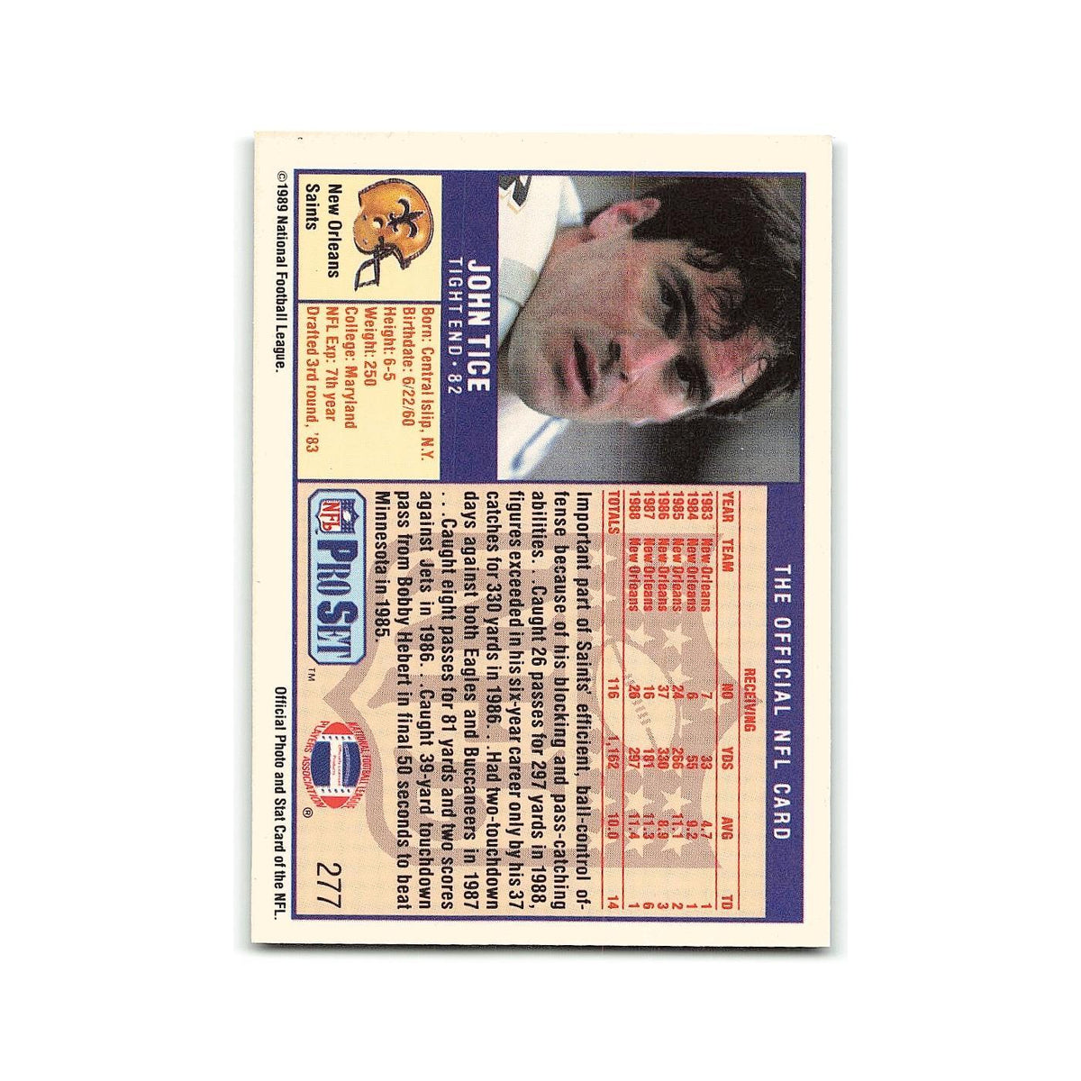 John Tice 1989 Pro Set #277 New Orleans Saints Football Card NM