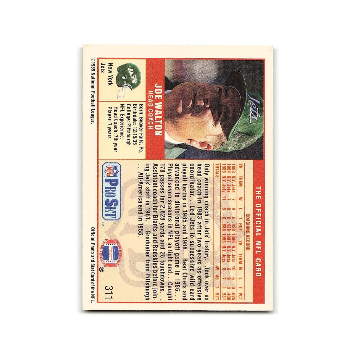 Joe Walton 1989 Pro Set #311 New York Jets Football Card NM