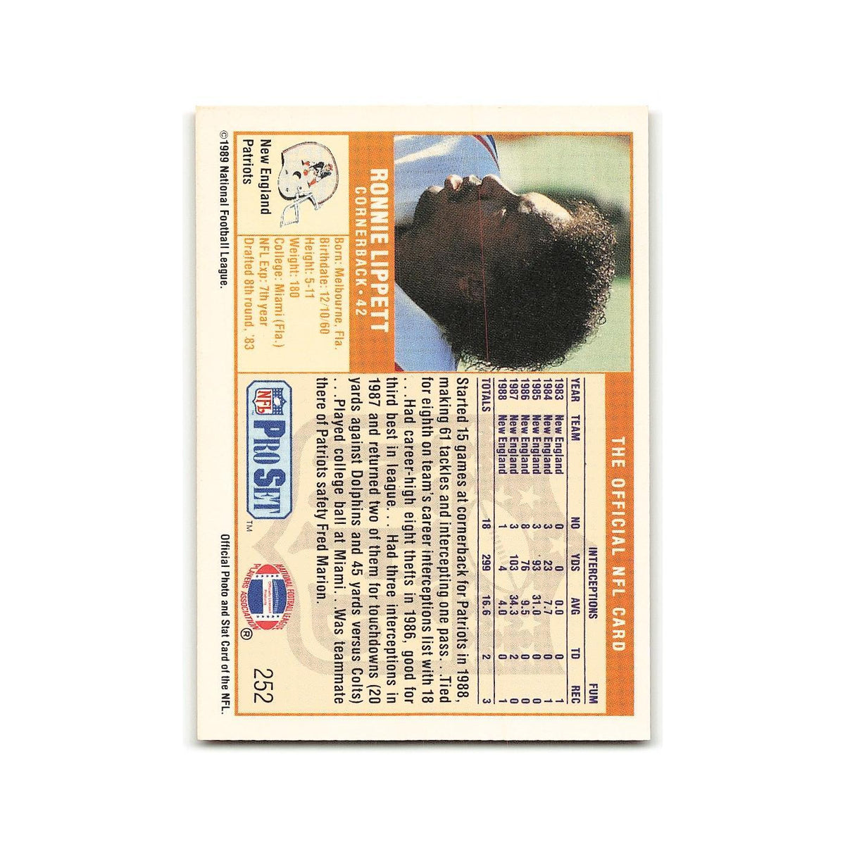 Ronnie Lippett 1989 Pro Set #252 New England Patriots Football Card NM